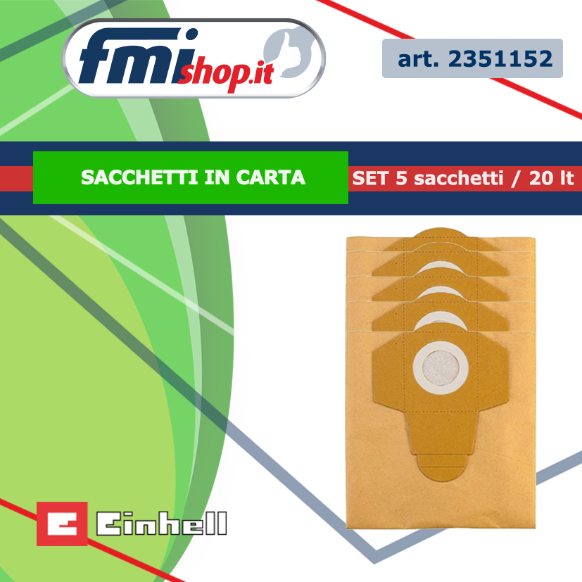 Originale Einhell Sacchetti Filtro in carta 20 litri (confezione da 5 sacchetti)